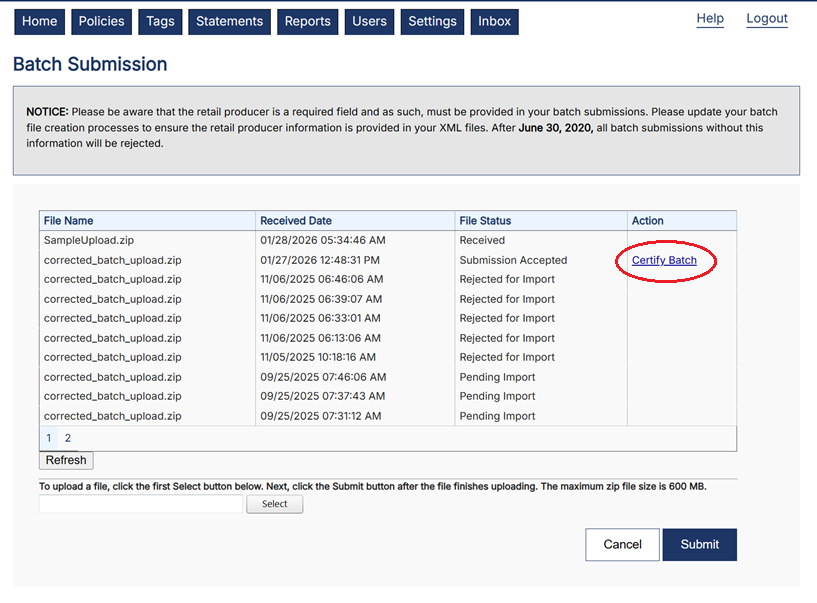 Batch Submit | Washington Filing Portal